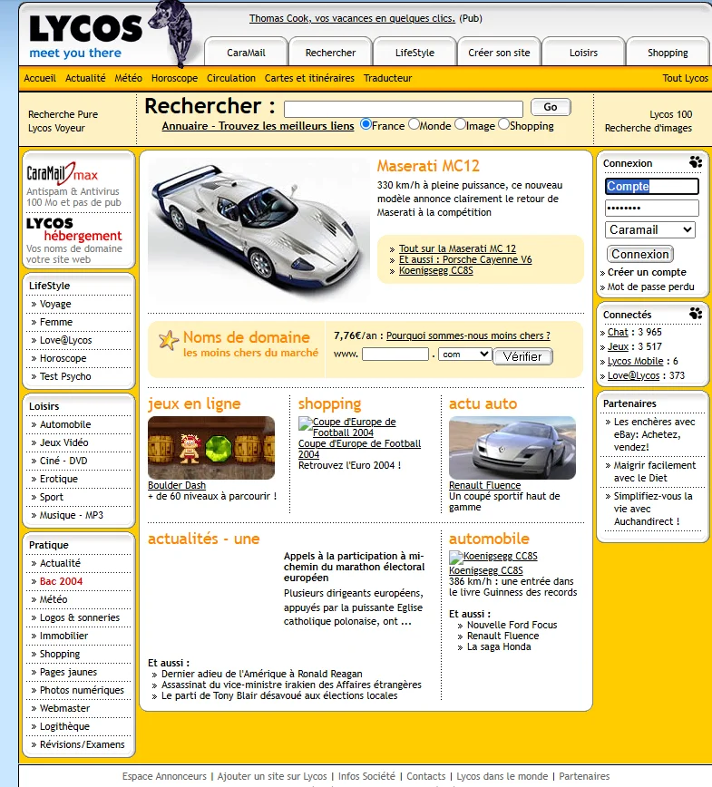 Le portail Lycos.fr au milieu des années 2000